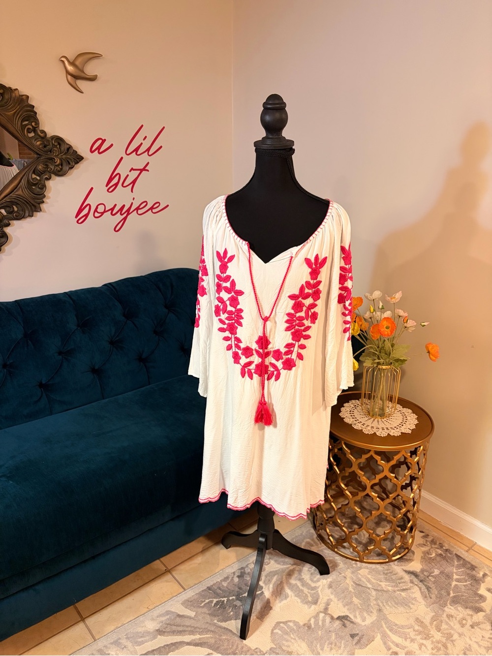 Boho Embroidered Peasant Tunic Dress Pink Floral Tassel Cover Up M